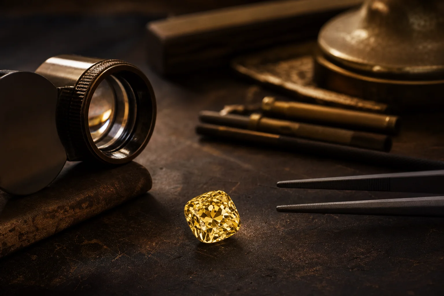 A fancy-color diamond examined under loupe in the atelier