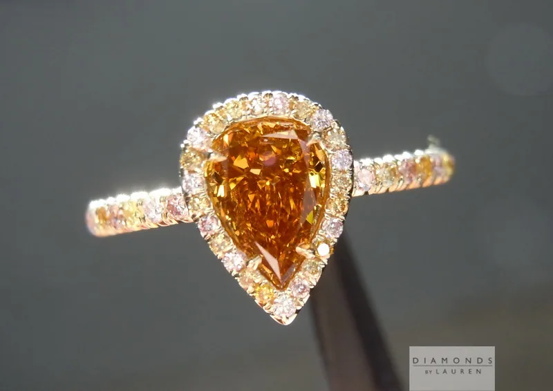 0.87ct Deep Brownish Orange Yellow SI1 Pear Diamond Ring  R4398