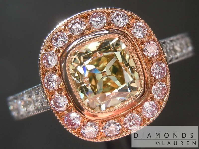 0.86ct Brownish Greenish Yellow VVS2 Old Mine Brilliant Diamond Ring R5168