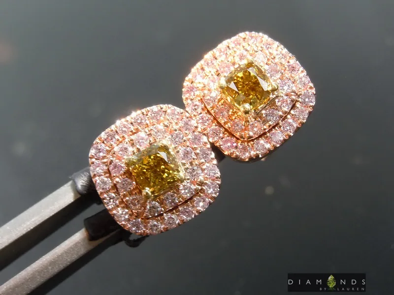 0.46cts Greenish Yellow VS Cushion Cut Diamond Earrings R8948