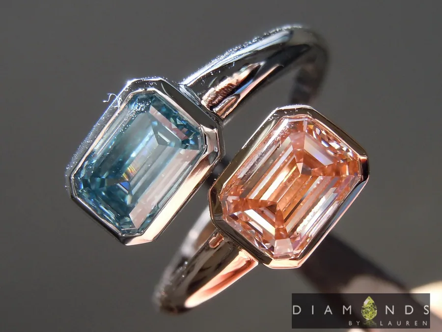 2.05ctw Blue and Pink Emerald Cut Lab Grown Diamond Ring R9432